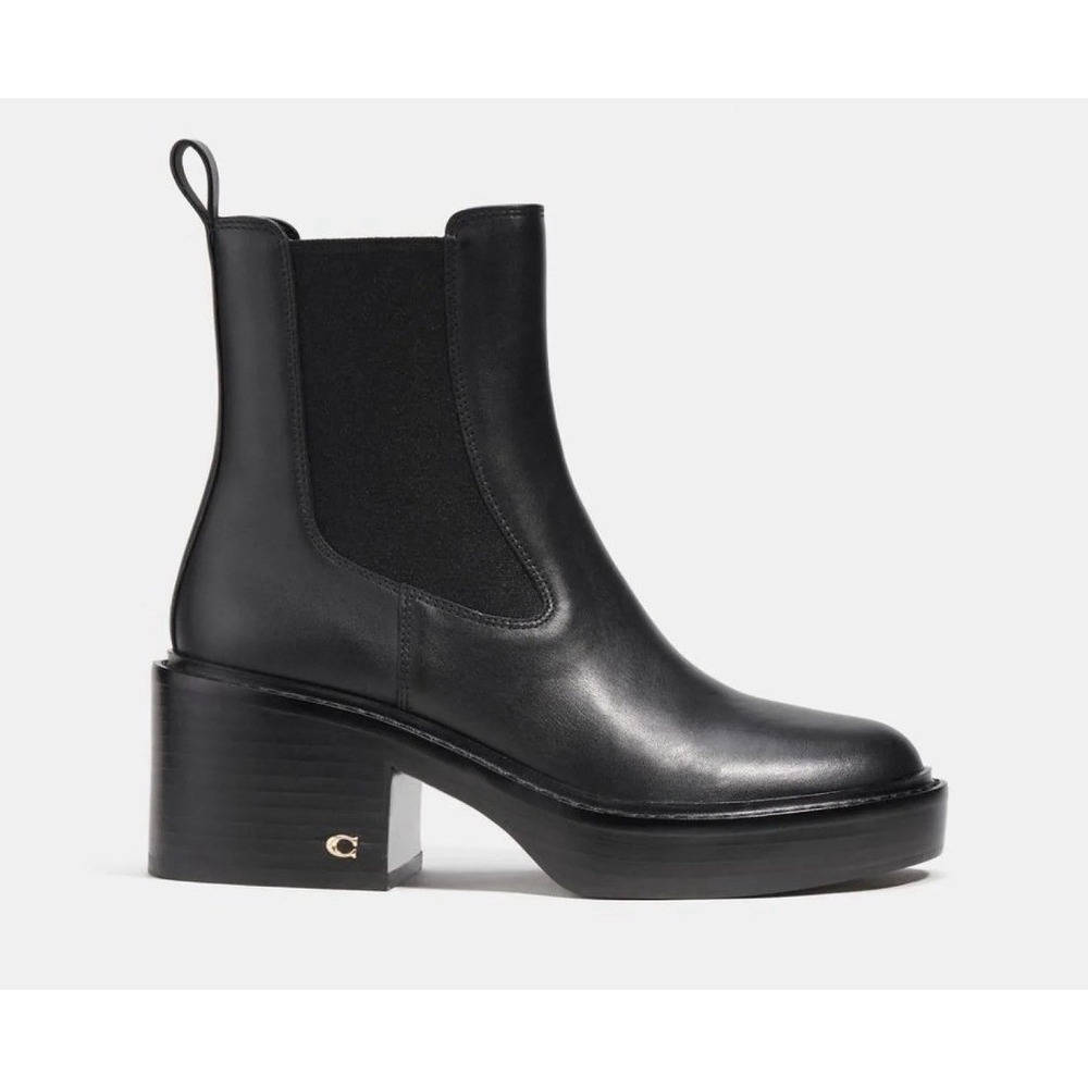 COACH Kinsley Black Leather Side Gore Heel Boots Block Heel black In Box